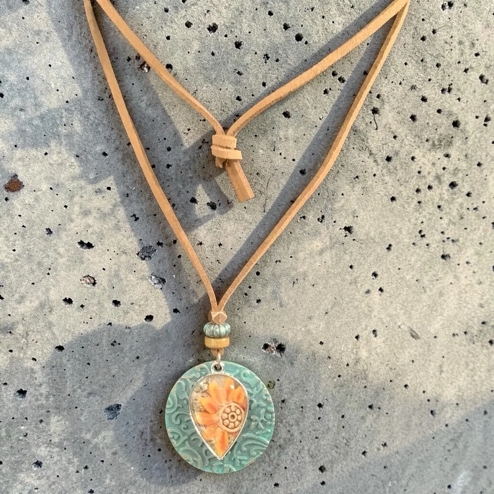 Boho Sunflower Pendant Necklace - Tan Cord, Turquoise & Orange Medallion. NWT - Picture 2 of 8